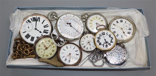 Eight assorted pocket watches including goliath, silver fob watch, Gre Roskopf patent, 800 cylinder etc. an Excelsior Park stop watch.